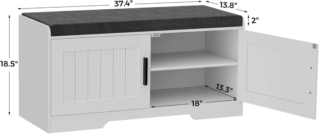 2-Tier Storage Bench, Shoe Bench with Thickened Padded Seat Cushion, Entryway Bench with 4 Doors, Adjustable Shelf, 13.8 D x 45.3 W x 18.5 H, for Entryway, Living Room, Bedroom, White