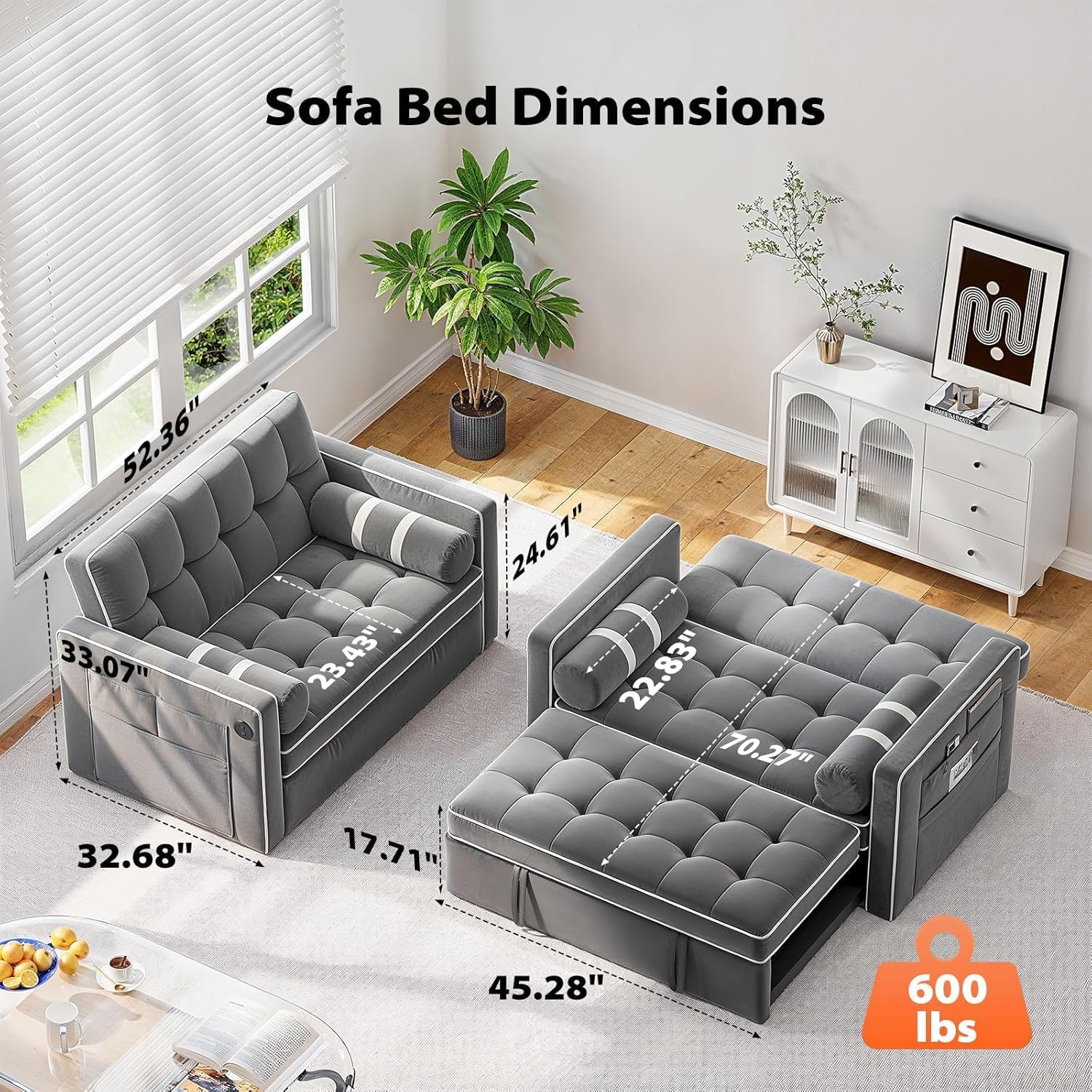Pipishell 3 in 1 Convertible Sleeper Sofa Bed Pull Out Couch for Living Room USB Ports Side Pockets