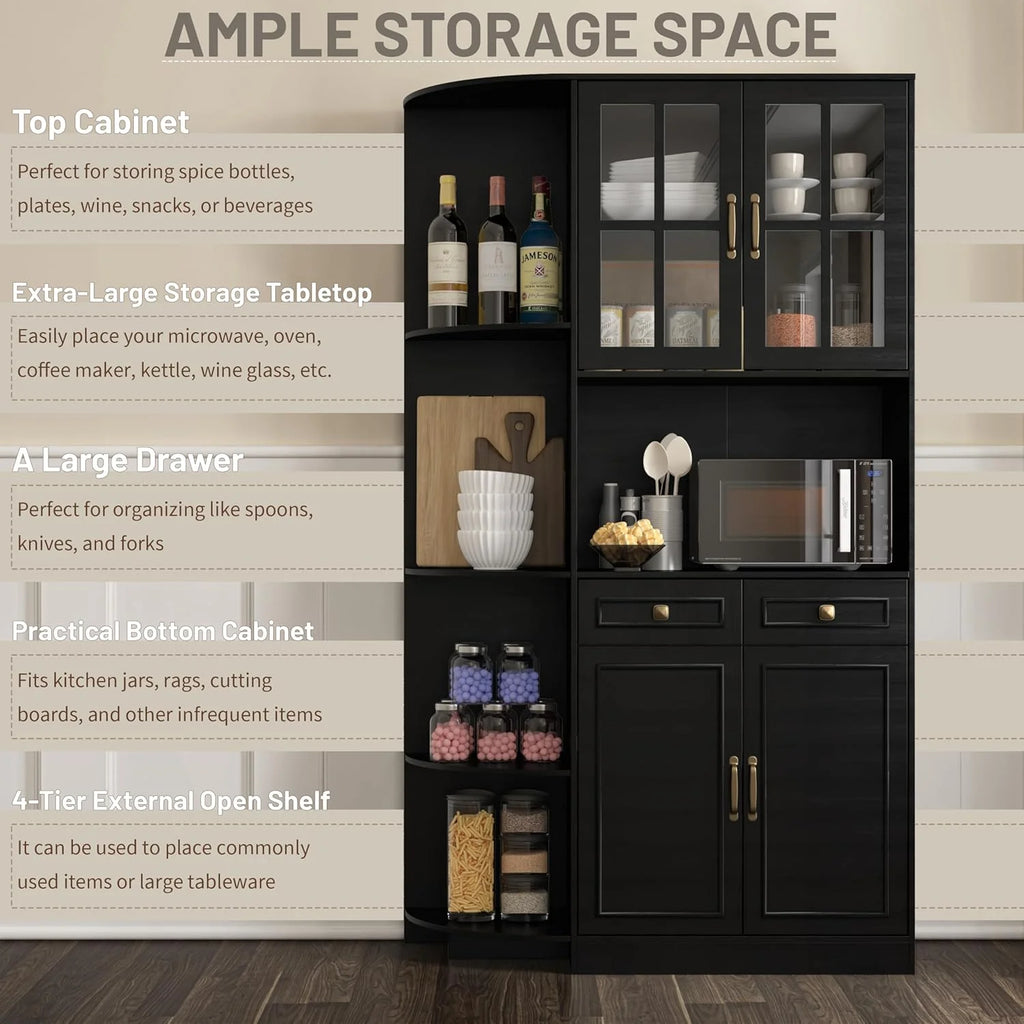 Kitchen Hutch Pantry Cabinet 71 Tall with Glass Doors