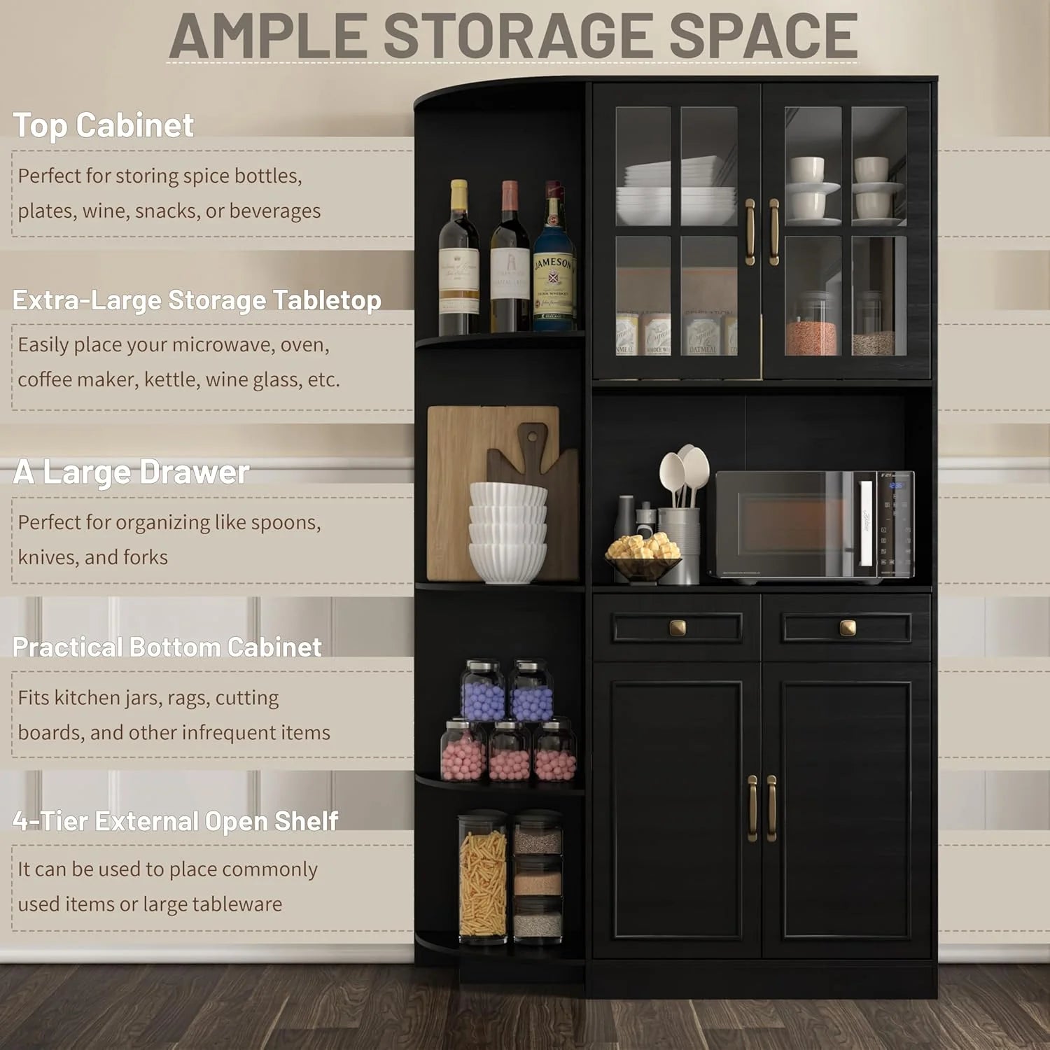 Kitchen Hutch Pantry Cabinet 71 Tall with Glass Doors