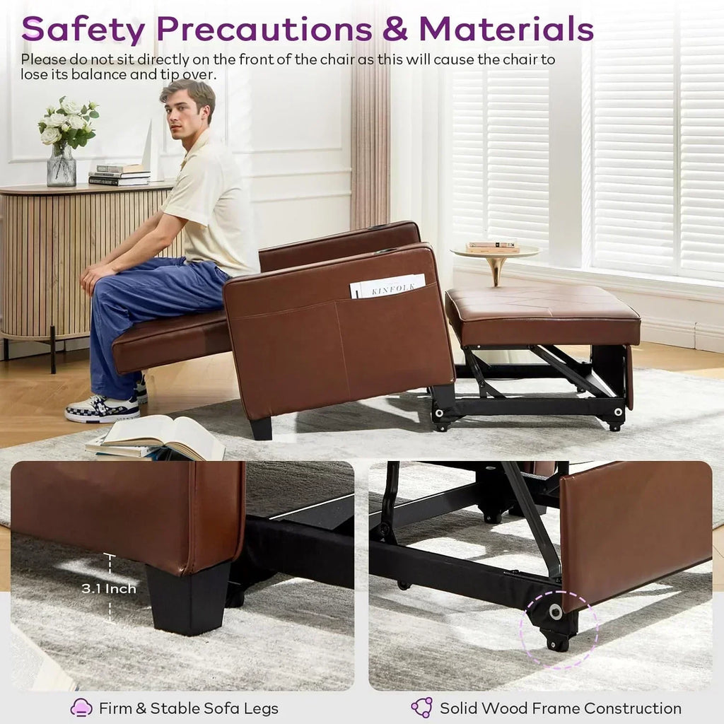 Adult Convertible Sleeper Chair Bed 3-in-1 Pull-Out Sofa Bed with USB/Type-C Ports Cup Holders