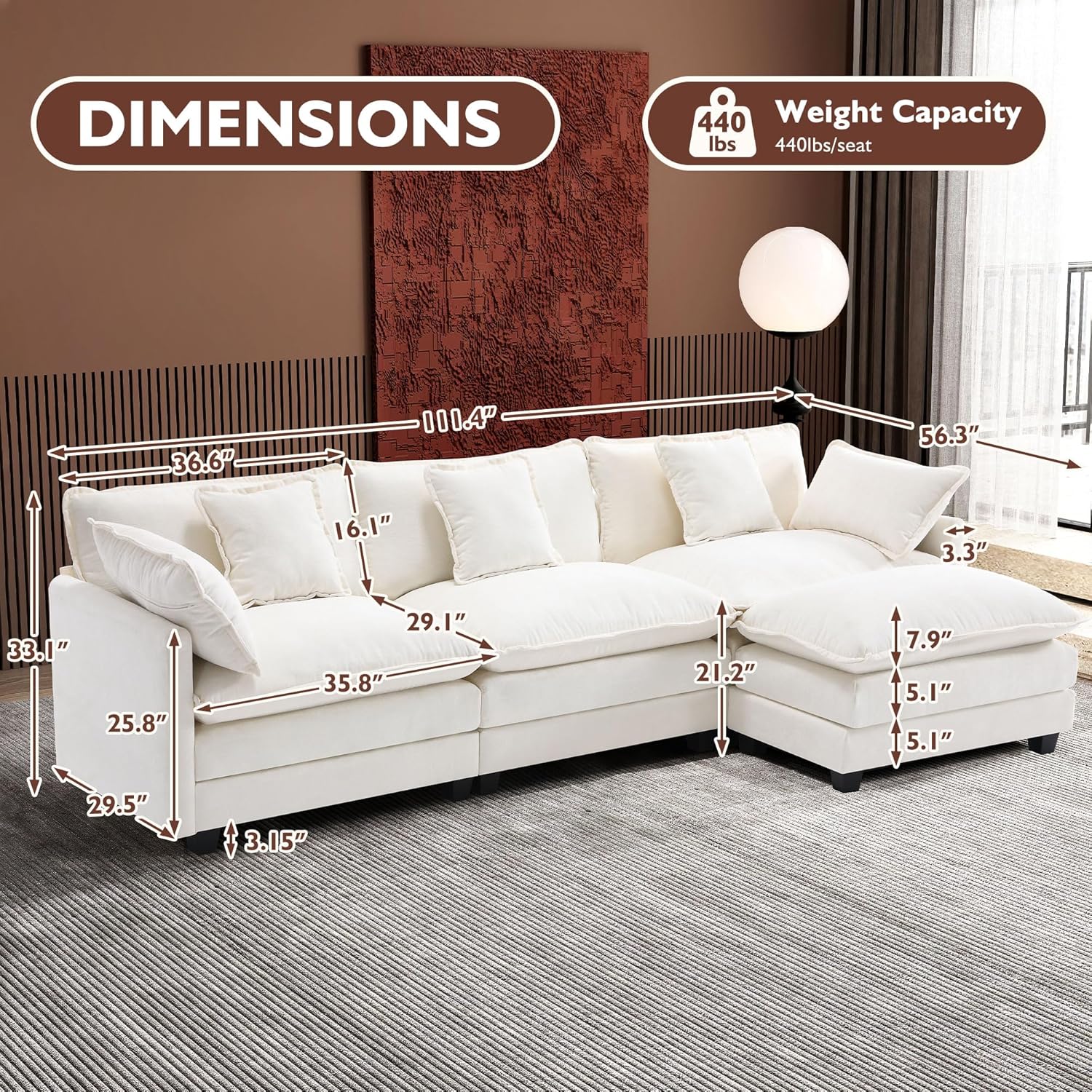 111.4 Inch L Shaped Modern Sofa Modular Cloud Sofa with Ottoman 4 Seater Chenille Deep Seat Sofa
