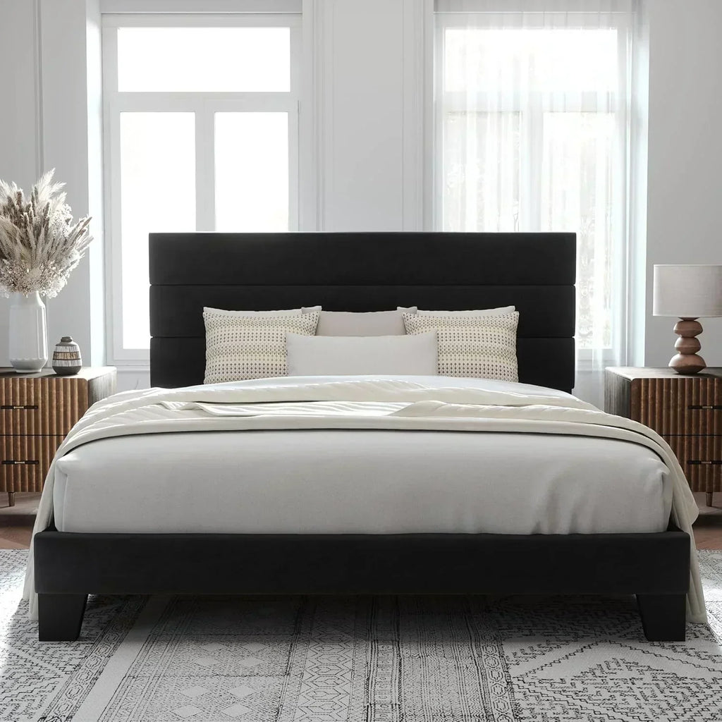 Allewie King size platform bed frame with velvet upholstered headboard and planks