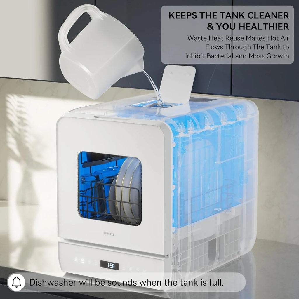 Hermitlux Countertop Dishwasher, 7 Washing Programs Portable Mini Dishwasher with 5-Liter Built-in Water Tank for Apartments & RVs, LED Light, Glass Door, No Hookup Needed