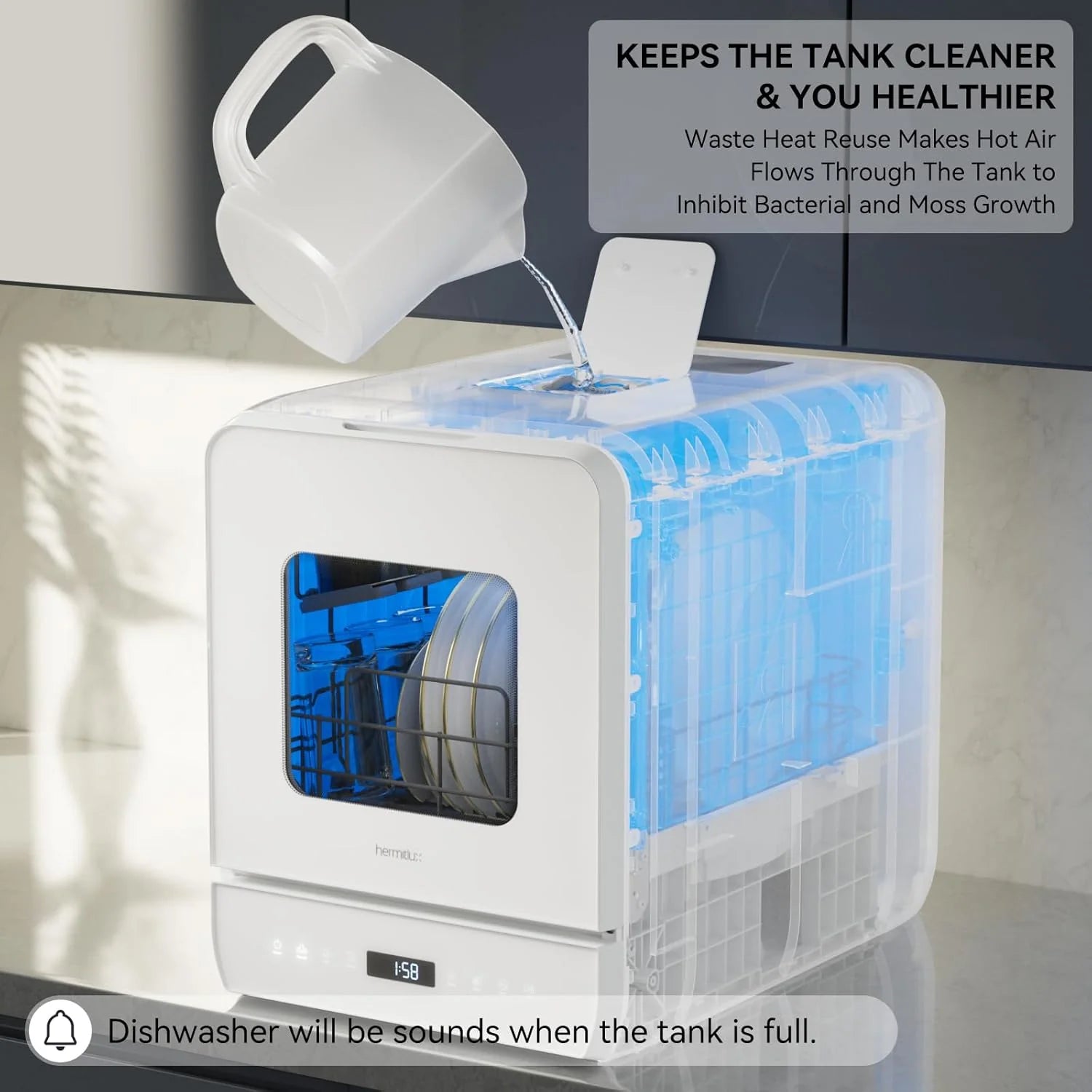 Hermitlux Countertop Dishwasher, 7 Washing Programs Portable Mini Dishwasher with 5-Liter Built-in Water Tank for Apartments & RVs, LED Light, Glass Door, No Hookup Needed