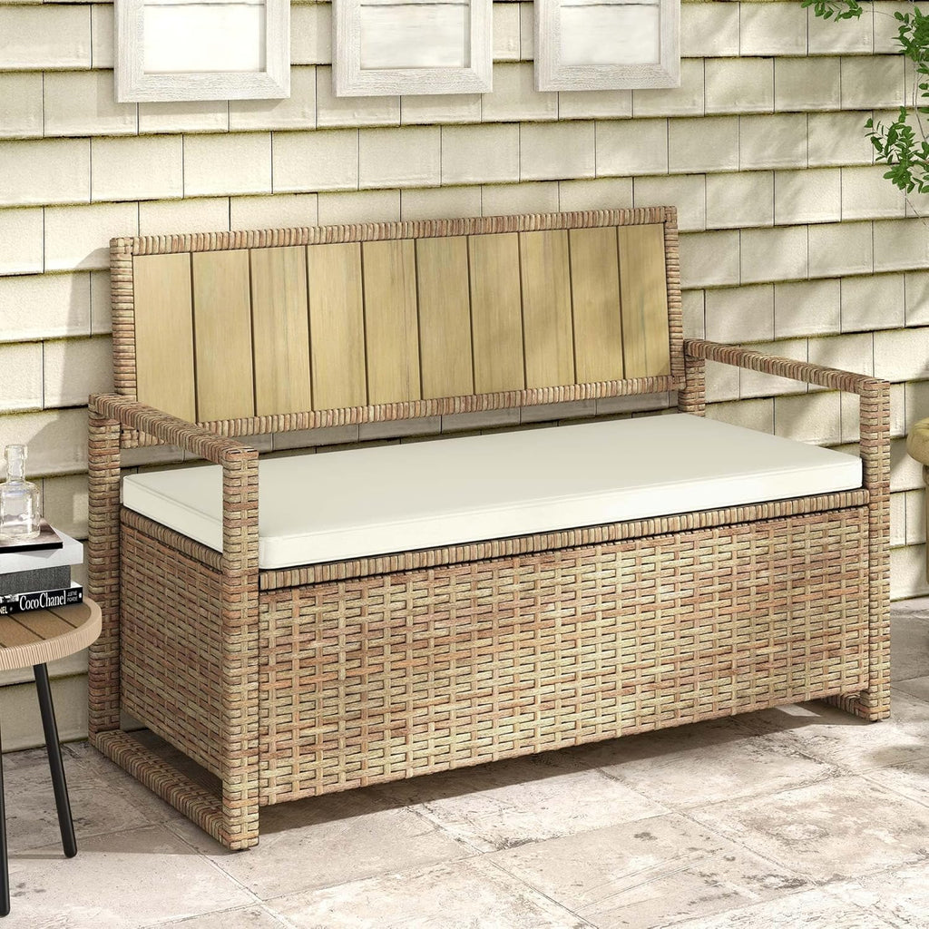 DWVO 70Gal Outdoor Storage Bench with Cushion Composite Wood Backrest Wicker Deck Bench