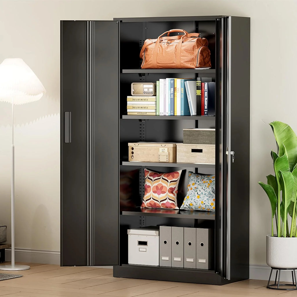 Greenvelly Metal Storage Cabinet, 72 Black Locking Metal Cabinet with 2 Doors and 4 Adjustable Shelves, Lockable Garage Storage Cabinets for Home Office, Garage, Kitchen, Living Room