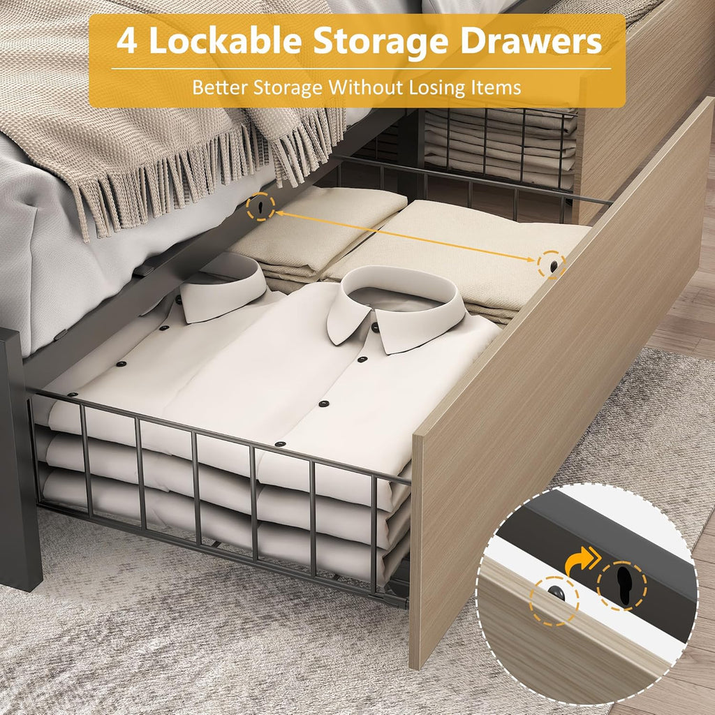 Lifezone Queen Bed Frame with 2-Tier Storage Headboard, Metal Platform Bed Frame with 4 Storage Drawers, Built in Charging Station & LED, Noise-Free/Metal Support/No Box Spring Needed