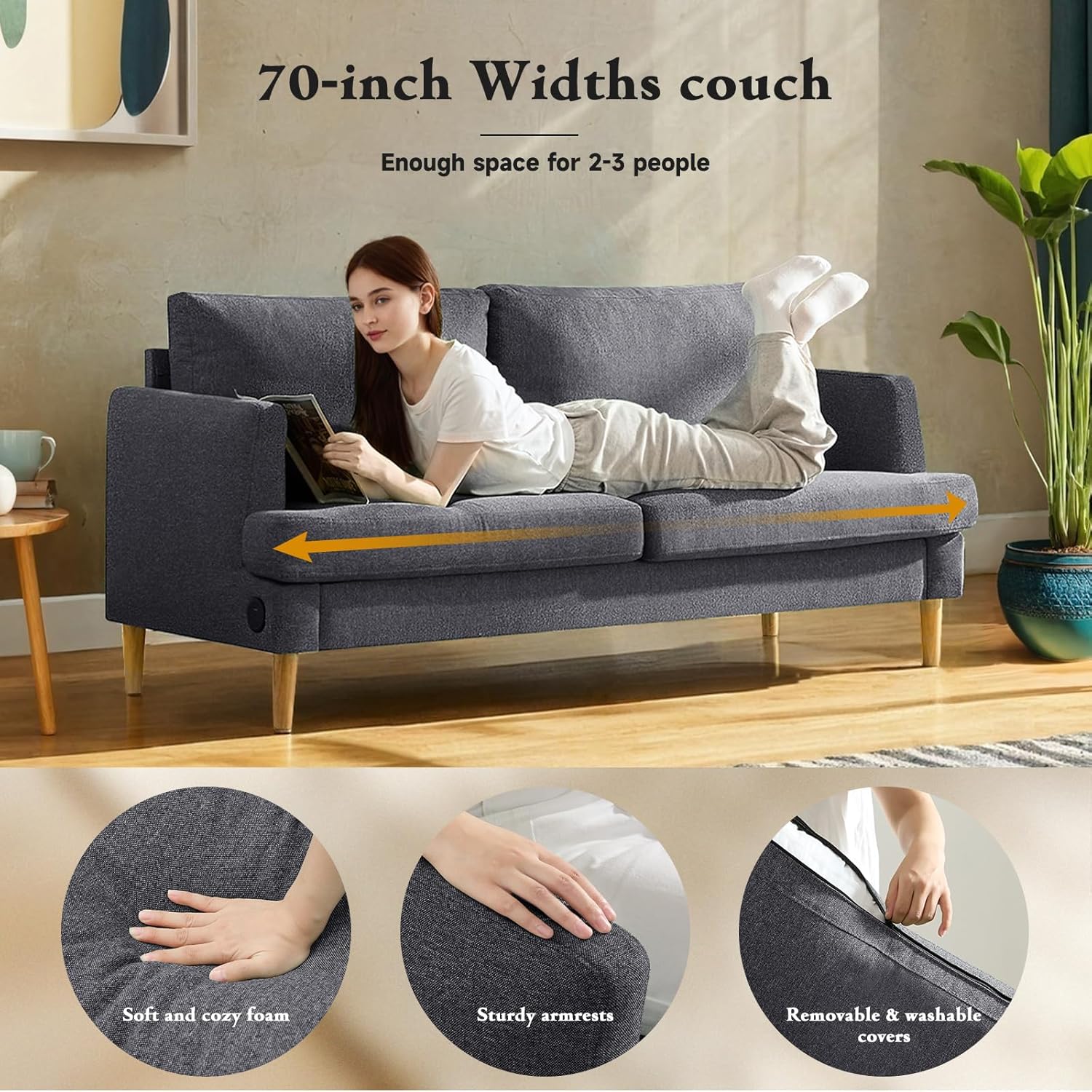 Loveseat Sofa Couch for Living Room USB Type C Ports Dark Gray Upholstered Small Couches