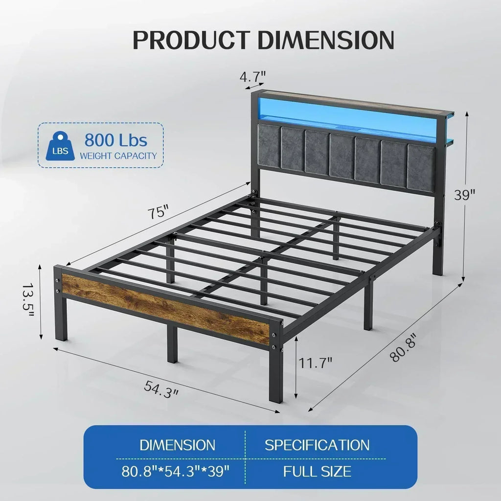Queen Size Bed Frame with 2-Tier Storage Shelves Headboard Platform Bed with Charging Station