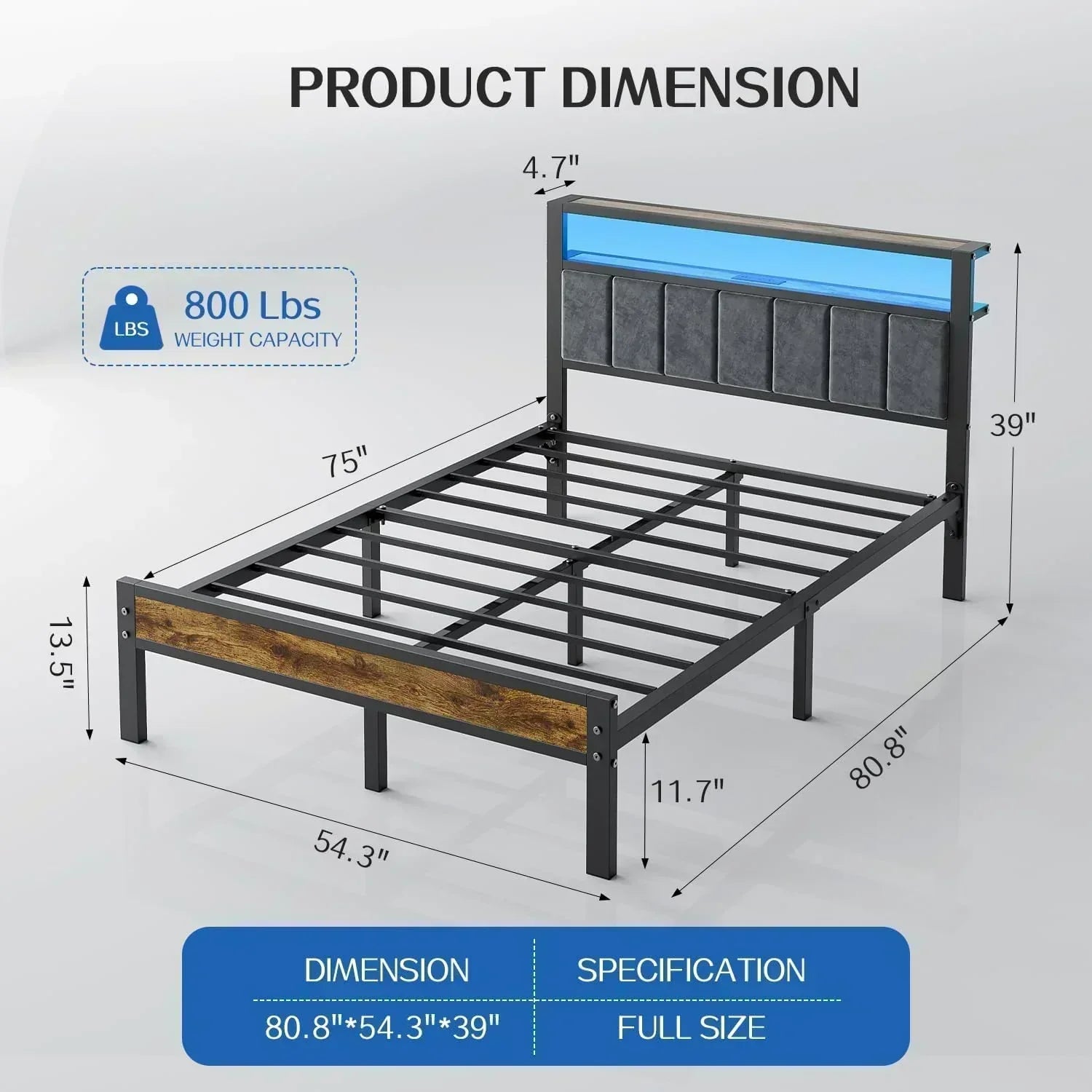 Queen Size Bed Frame with 2-Tier Storage Shelves Headboard Platform Bed with Charging Station
