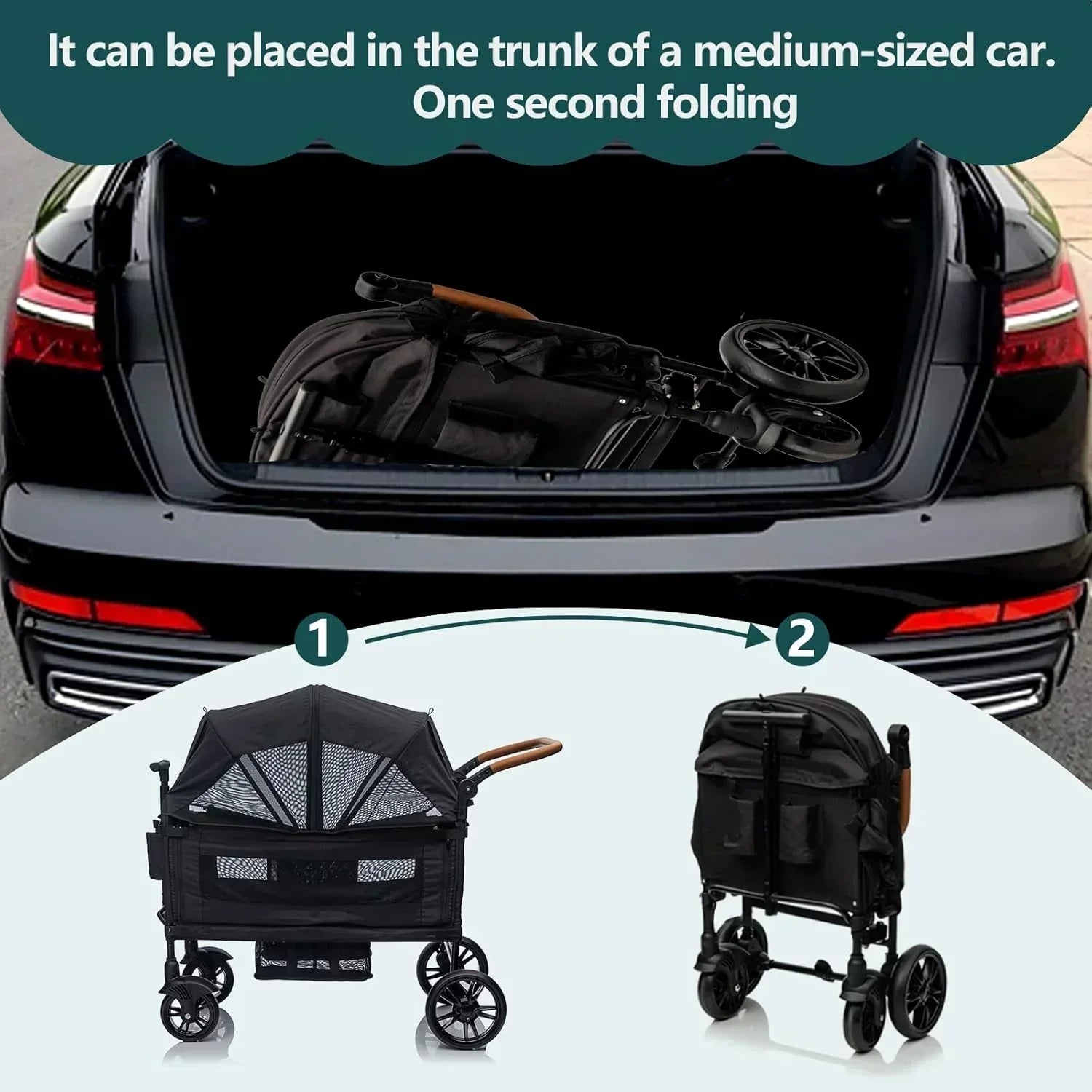 Wagon Stroller for 2 Kids Cargo-Travel Stroller Push-Pull Double Wagon Lightweight Folding Stroller