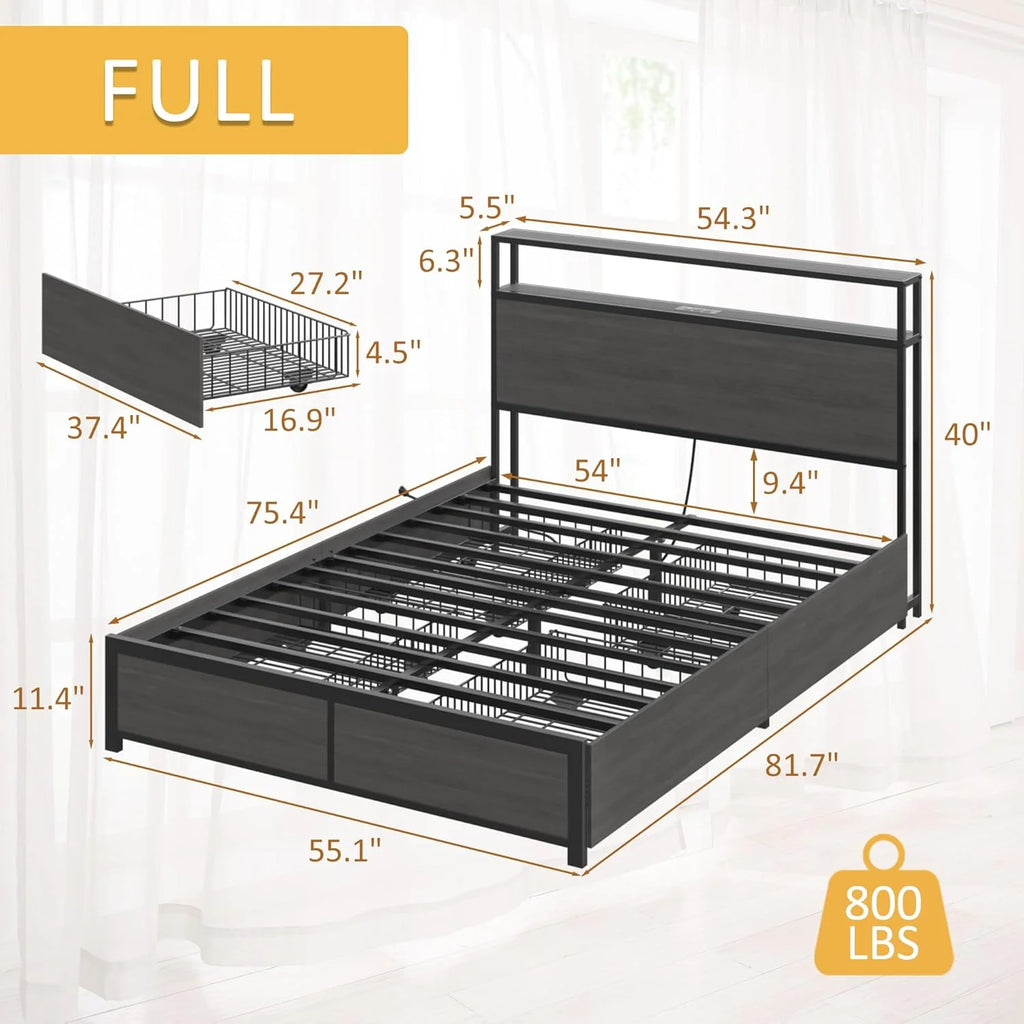 Lifezone Queen Bed Frame with 2-Tier Storage Headboard, Metal Platform Bed Frame with 4 Storage Drawers, Built in Charging Station & LED, Noise-Free/Metal Support/No Box Spring Needed