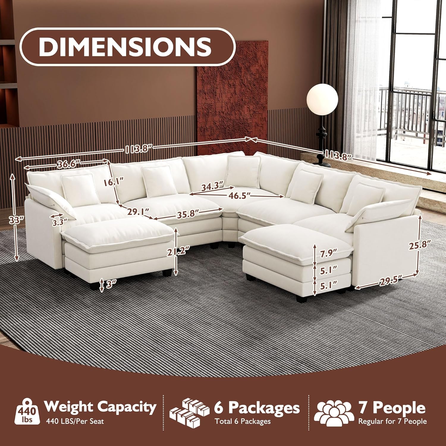 ihanherry 146-inch U-shaped modern sofa modular area cloud sofa