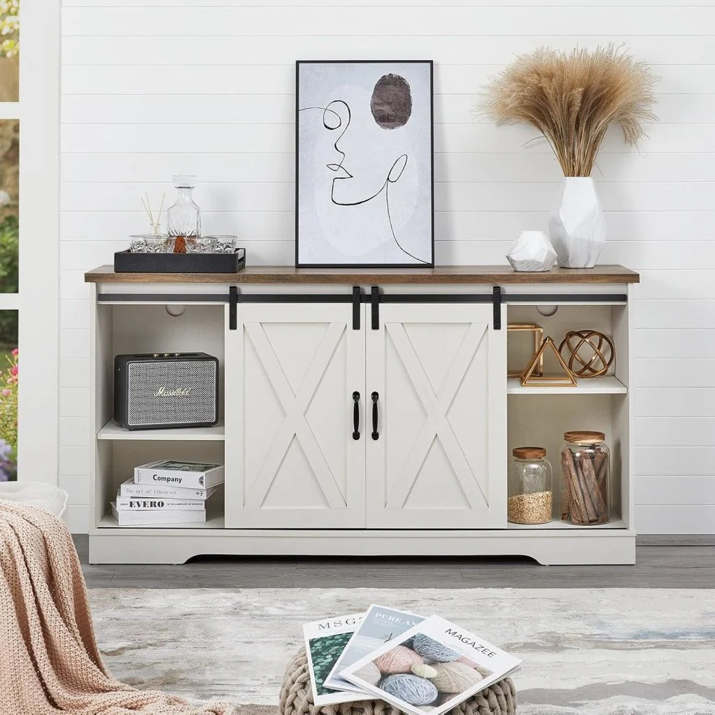 AMERLIFE Fireplace TV Stand with Sliding Barn Door for TVs up to 73, Farmhouse 63 Fireplace Entertainment Center with Storage Cabinets/Adjustable Shelves
