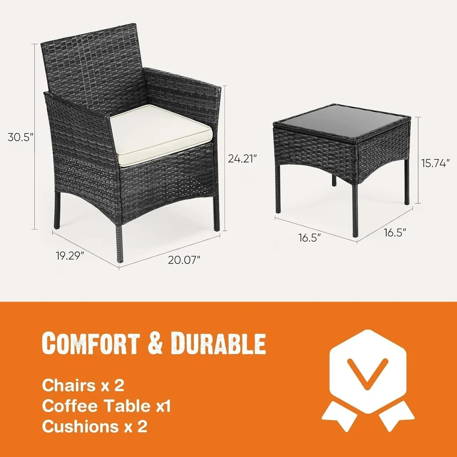 Sweetcripy Patio Furniture Set 3 Pieces Outdoor Furniture with Soft Cushion and Glass Table