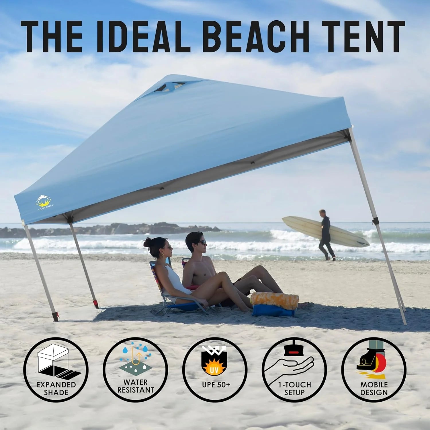 10x10 Pop-Up Awning - One-Click Installation Beach Tent - Outdoor Sunshade Silver Coated Top, 3 Heights and 4 Sand Pockets