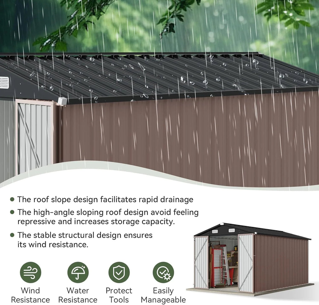 Aoxun 12x10 FT Shed Metal Outdoor Waterproof Storage Shed Steel Utility Garden Tool Shed with Door & Lock Outdoor Storage for Garden Patio Lawn Poolside, Brown