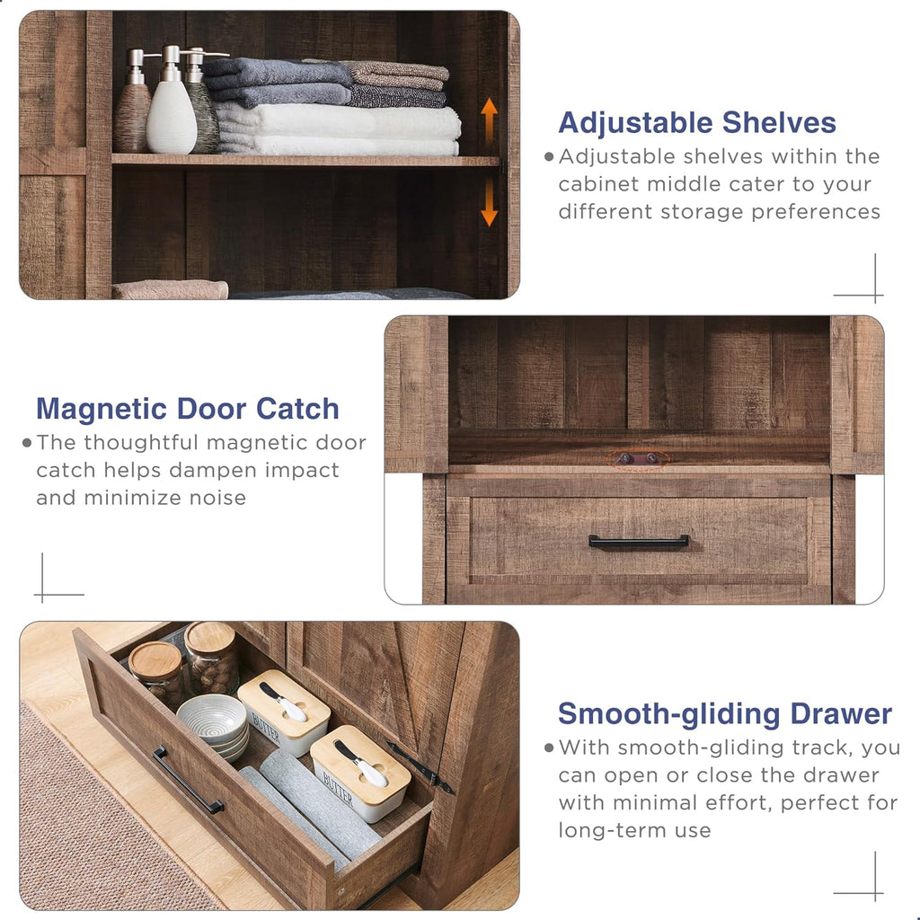 JXQTLINGMU Farmhouse Kitchen Pantry - 72 Tall Wood Kitchen Storage Cabinet with Adjustable Shelves and 2 Barn-Style Doors and Drawers