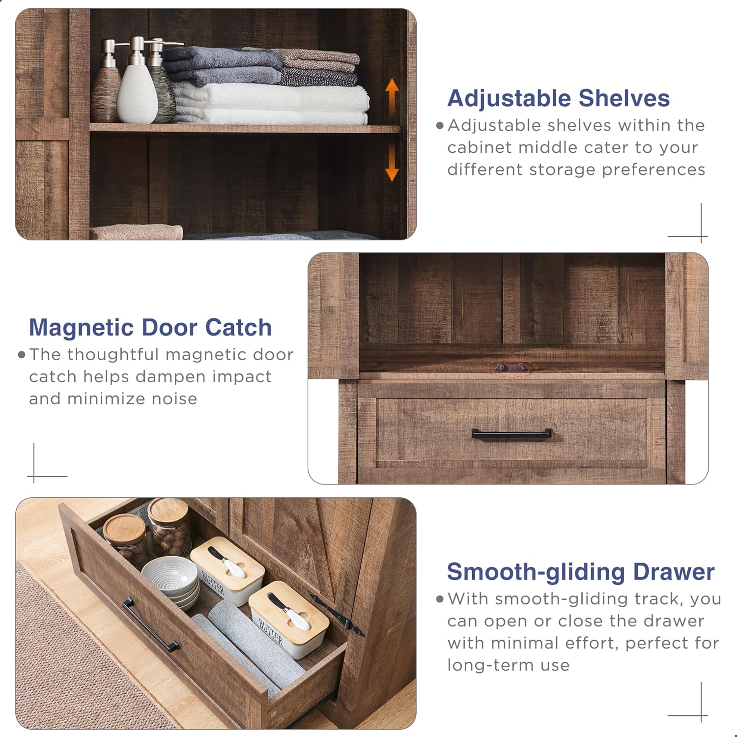 JXQTLINGMU Farmhouse Kitchen Pantry - 72 Tall Wood Kitchen Storage Cabinet with Adjustable Shelves and 2 Barn-Style Doors and Drawers