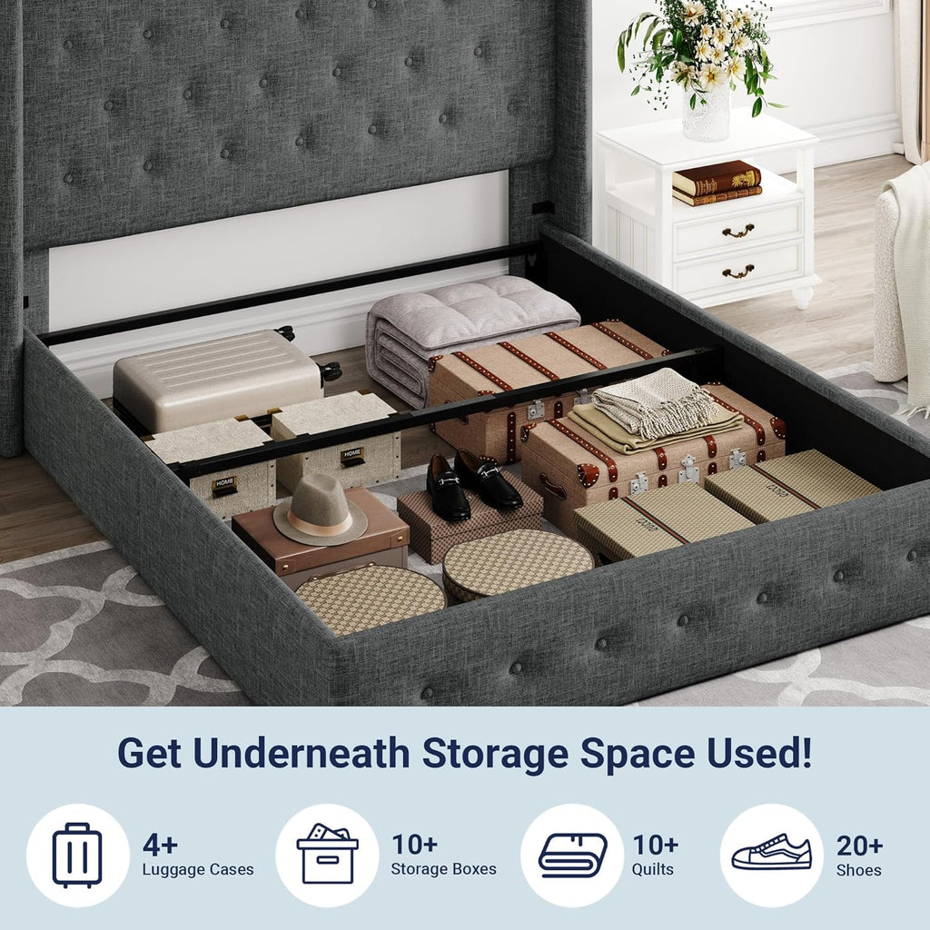 Allewie Queen Size Lift Up Storage Bed Modern Wingback Headboard Hydraulic Support