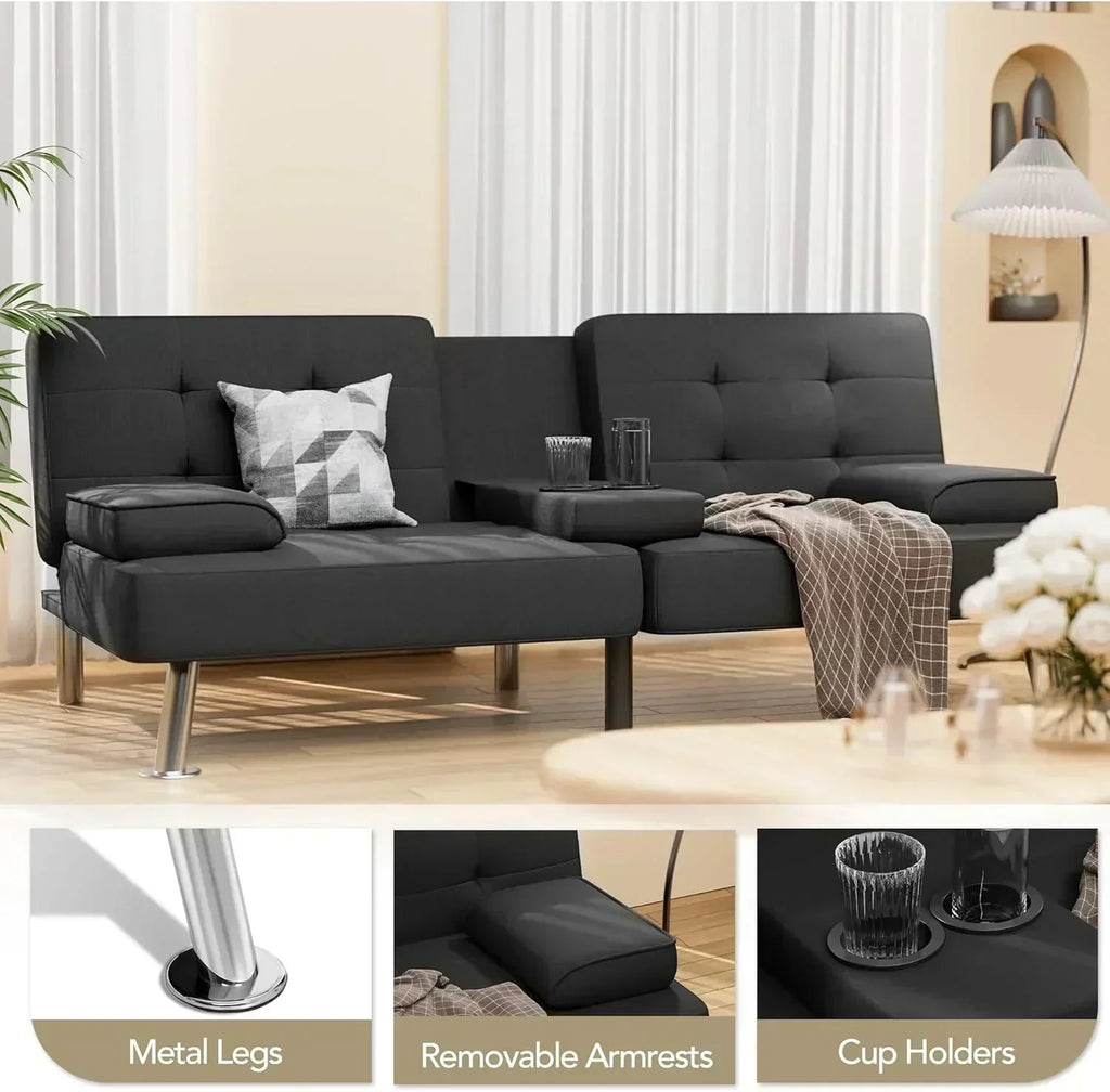 Shahoo Modern Linen Upholstered Convertible Folding Futon Sofa Bed with Removable Armrests