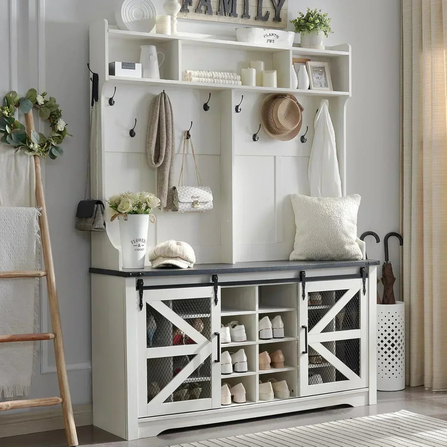 JXQTLINGMU 59-inch Farmhouse Foyer Tree Shoe Storage Entryway Bench Foyer Coat Rack Cabinet