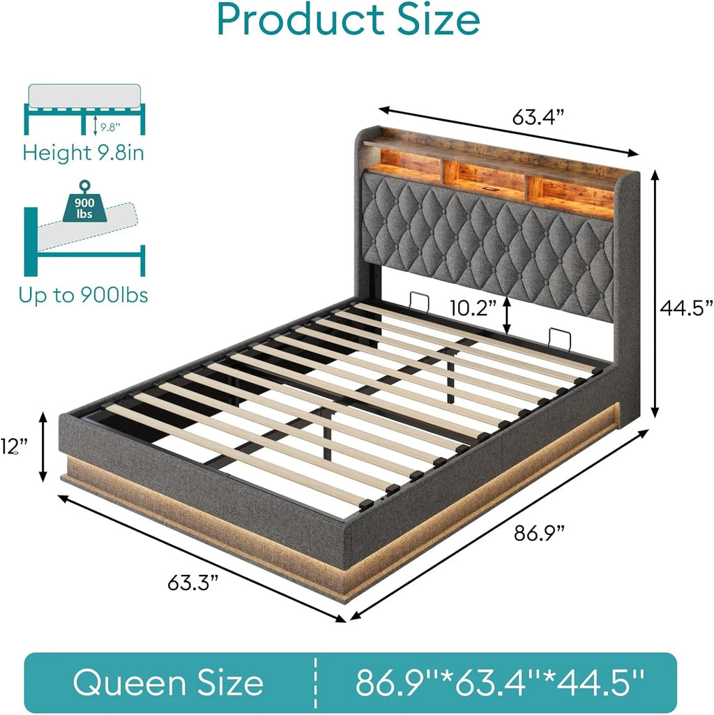 Queen Bed Frame Storage Lift Up Queen Size Bed Frame Headboard Upholstered Platform Bed