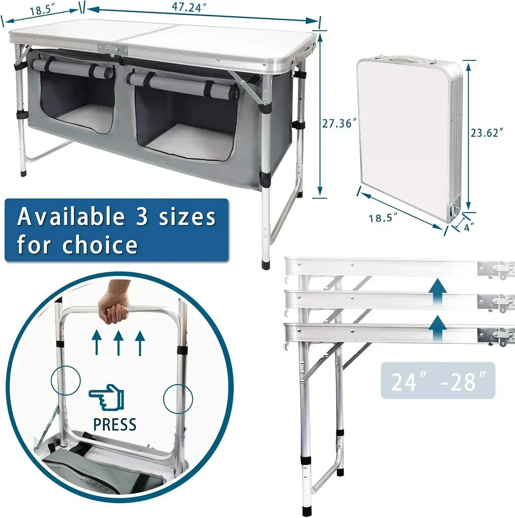Outdoor Folding Table Aluminum Lightweight Height Adjustable with Storage Organizer