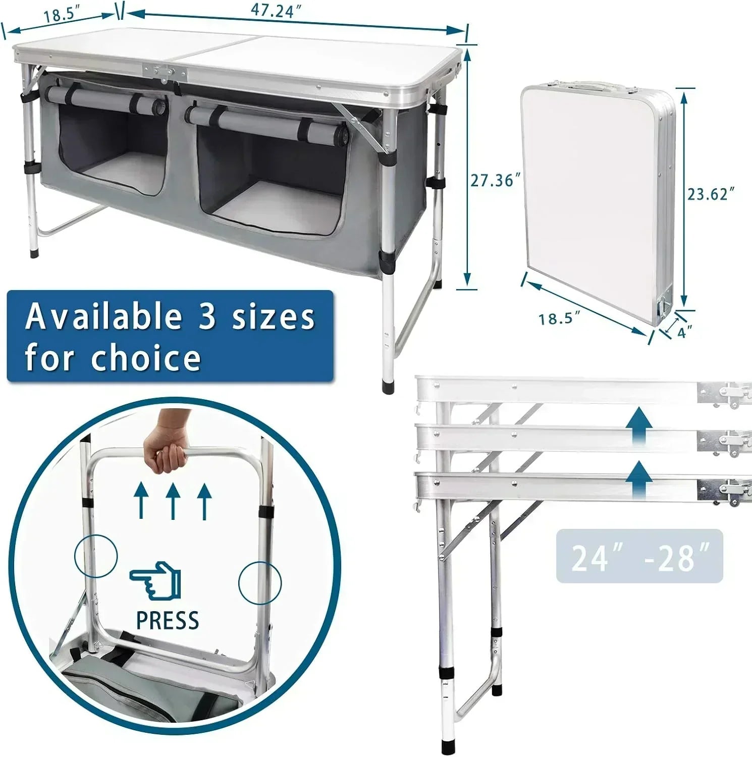 Outdoor Folding Table Aluminum Lightweight Height Adjustable with Storage Organizer