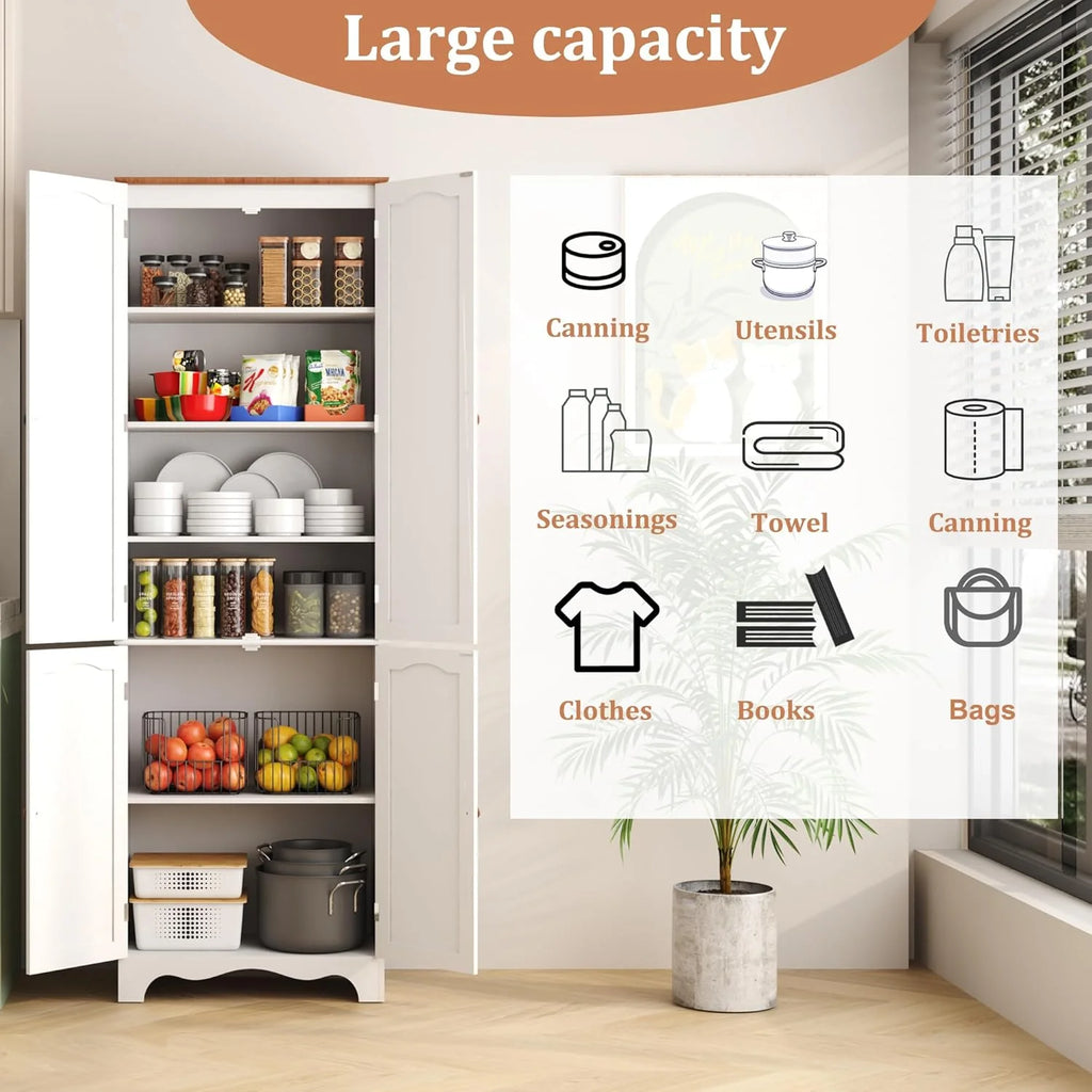 Tall Pantry Cabinet, Freestanding Storage Cabinet, Wooden Kitchen Pantry with 4 Doors and 5 Shelves, 72 Floor Cabinet Organizer