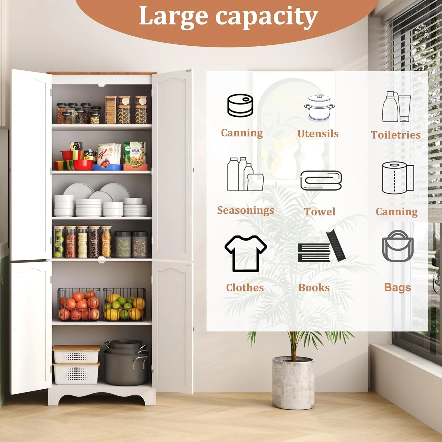 Tall Pantry Cabinet, Freestanding Storage Cabinet, Wooden Kitchen Pantry with 4 Doors and 5 Shelves, 72 Floor Cabinet Organizer