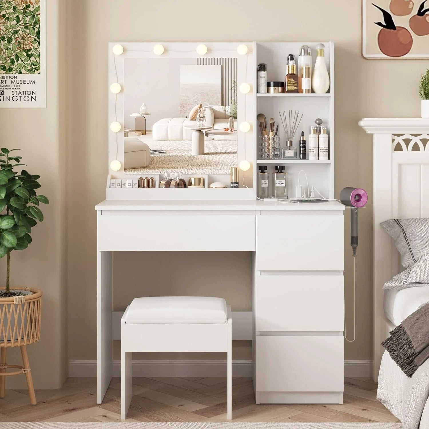 Vabches Vanity, Makeup Vanity Desk Set with Mirror & Light, Dressing Table Storage Lots