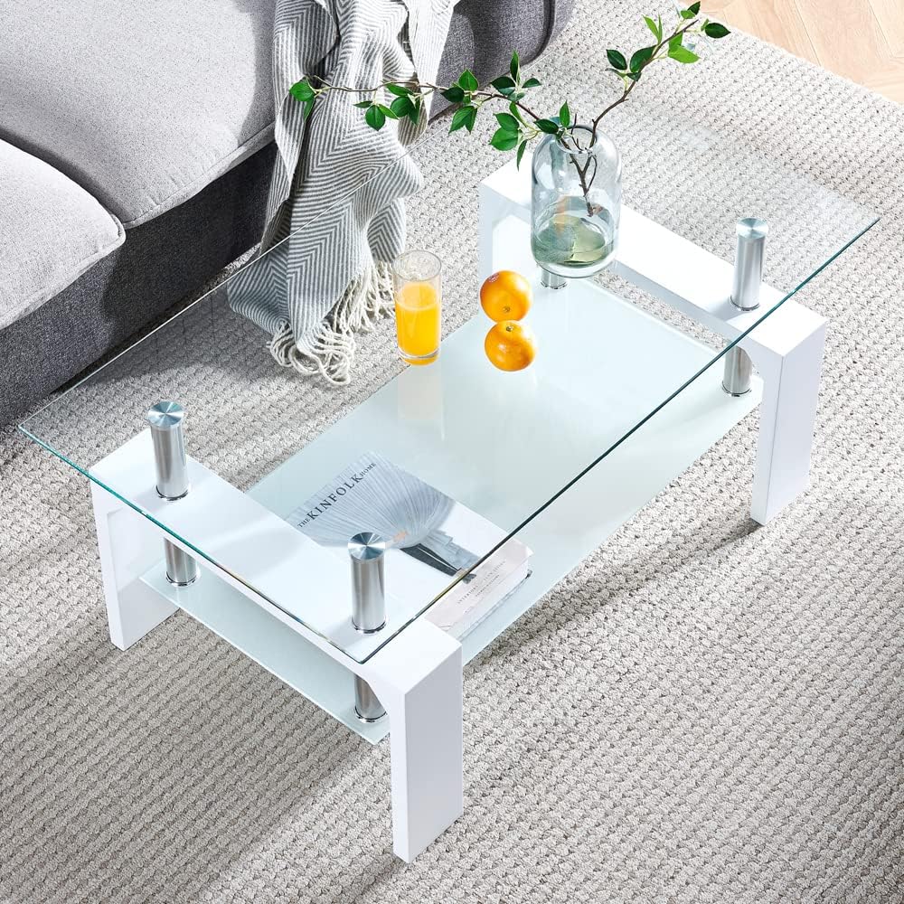 Living Room Rectangle Coffee Table, Tea Table Suitable for Waiting Room, Modern Side Coffee Table with Wooden Leg, Glass Tabletop