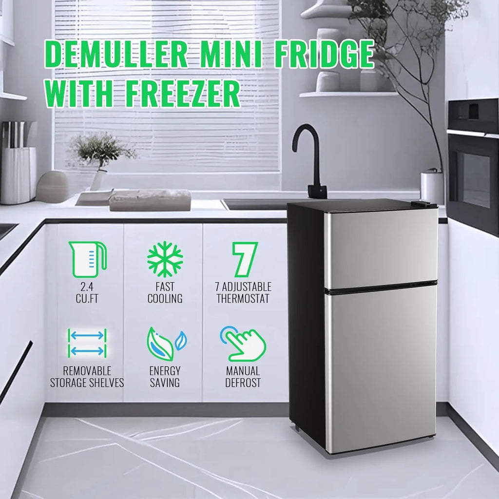 2.4 Cu.Ft Mini Fridge with Freezer & Double Door Small Tiny Size Refrigerator with 7 Temperature Control Knob Only Suitable for One Person Use Black