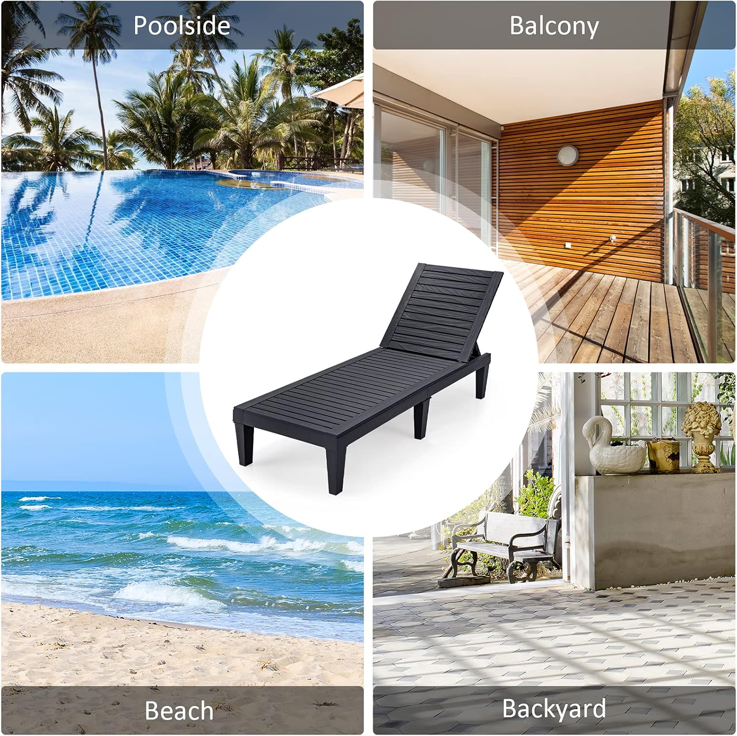 Outdoor Chaise Lounge Chair, Lightweight Patio Lounge Recliner Chair with Adjustable Backrest, 5 Reclining Positions Chaise Lounger for Patio, Beach, Balcony, Poolside, Backyard (1, Black)