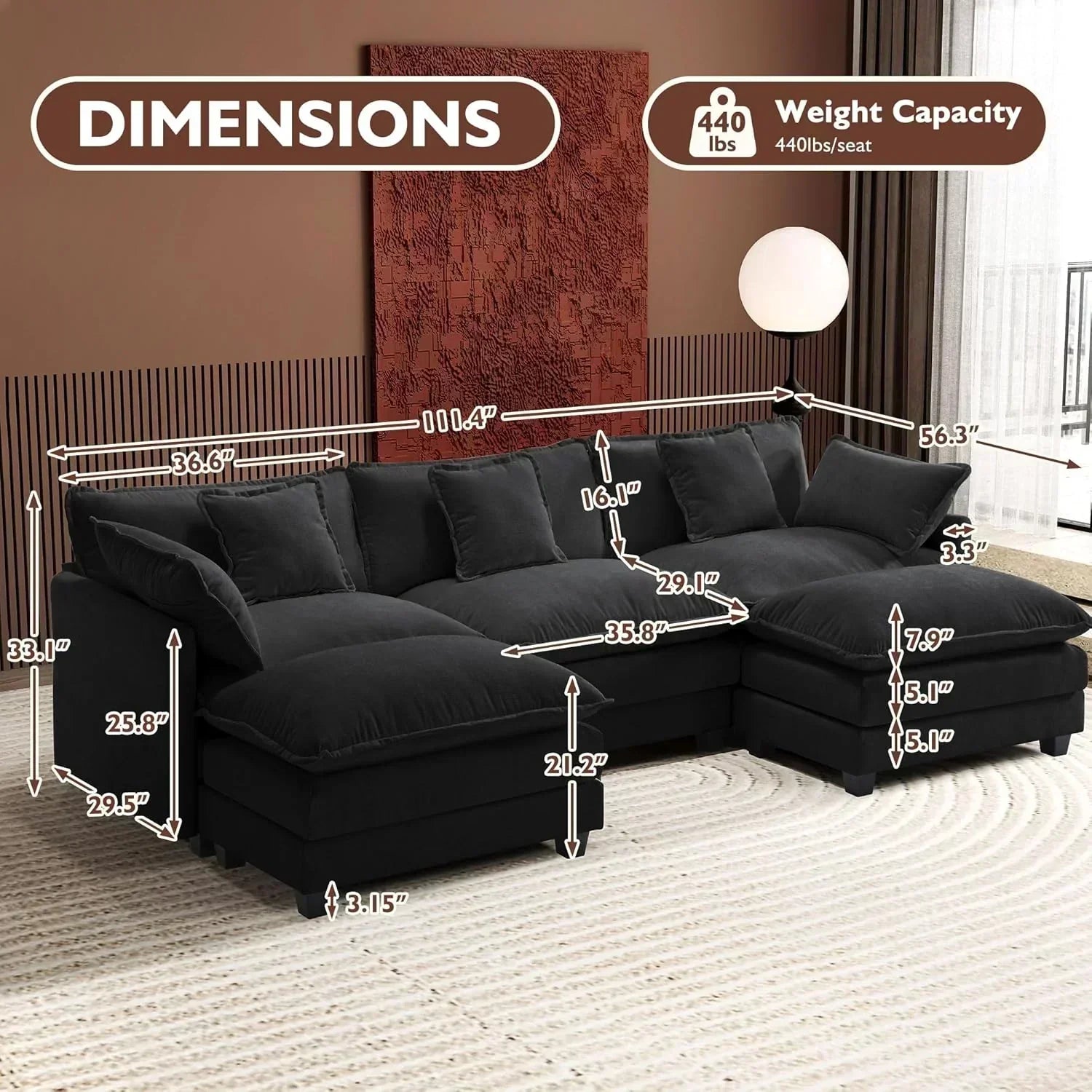 ihanherry 146-inch U-shaped modern sofa modular area cloud sofa