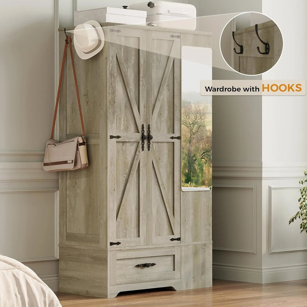 ANCTOR Armoire Wardrobe Closet with Mirror, 70 H Wooden Bedroom Armoires and Wardrobes