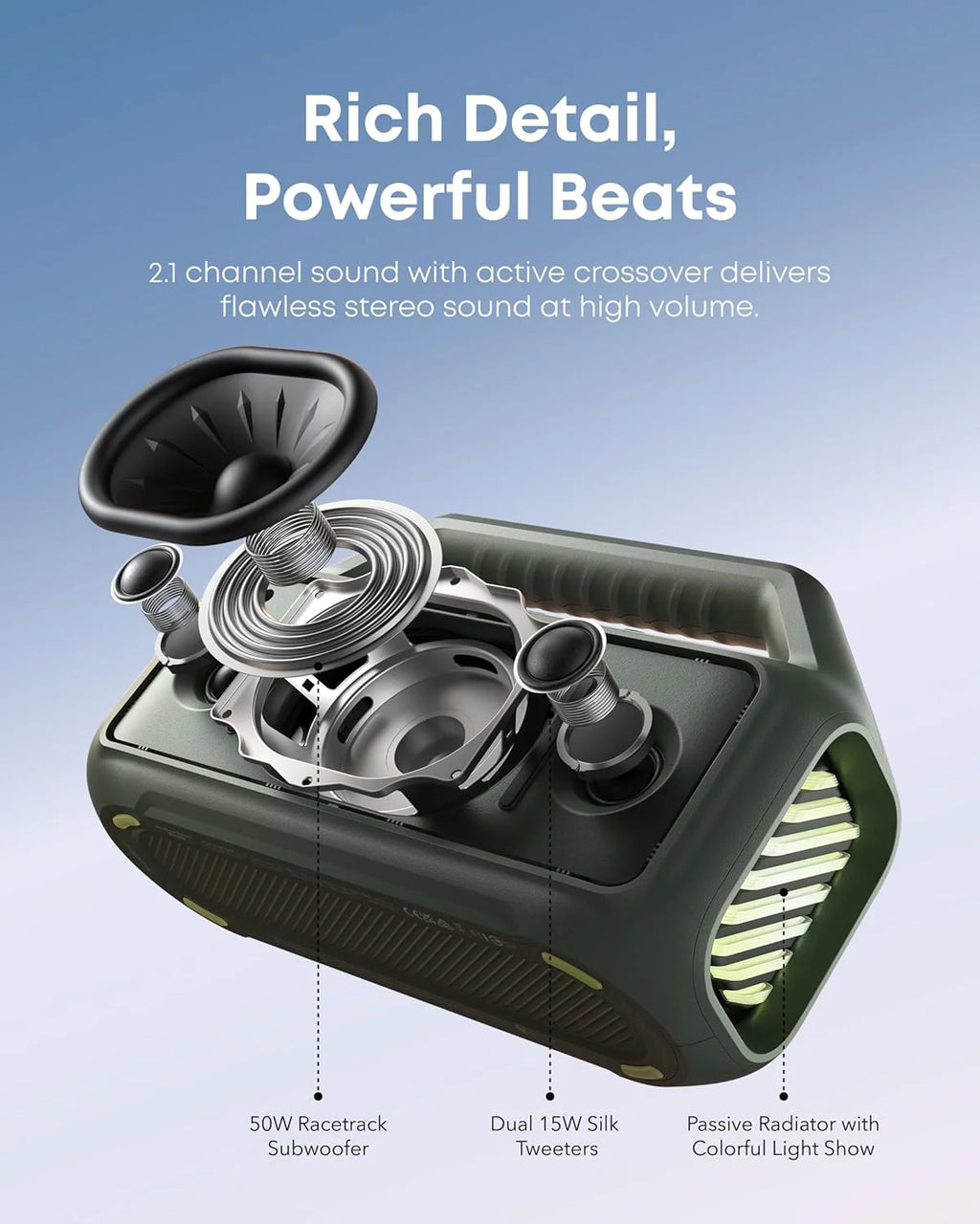 Outdoor Speaker, 80W, Subwoofer, BassUp 2.0, 24H Playtime, IPX7 Waterproof, Floatable, RGB Lights, USB-C, Custom EQ, Bluetooth 5.3, Portable for Camping, Beach, and Backyard
