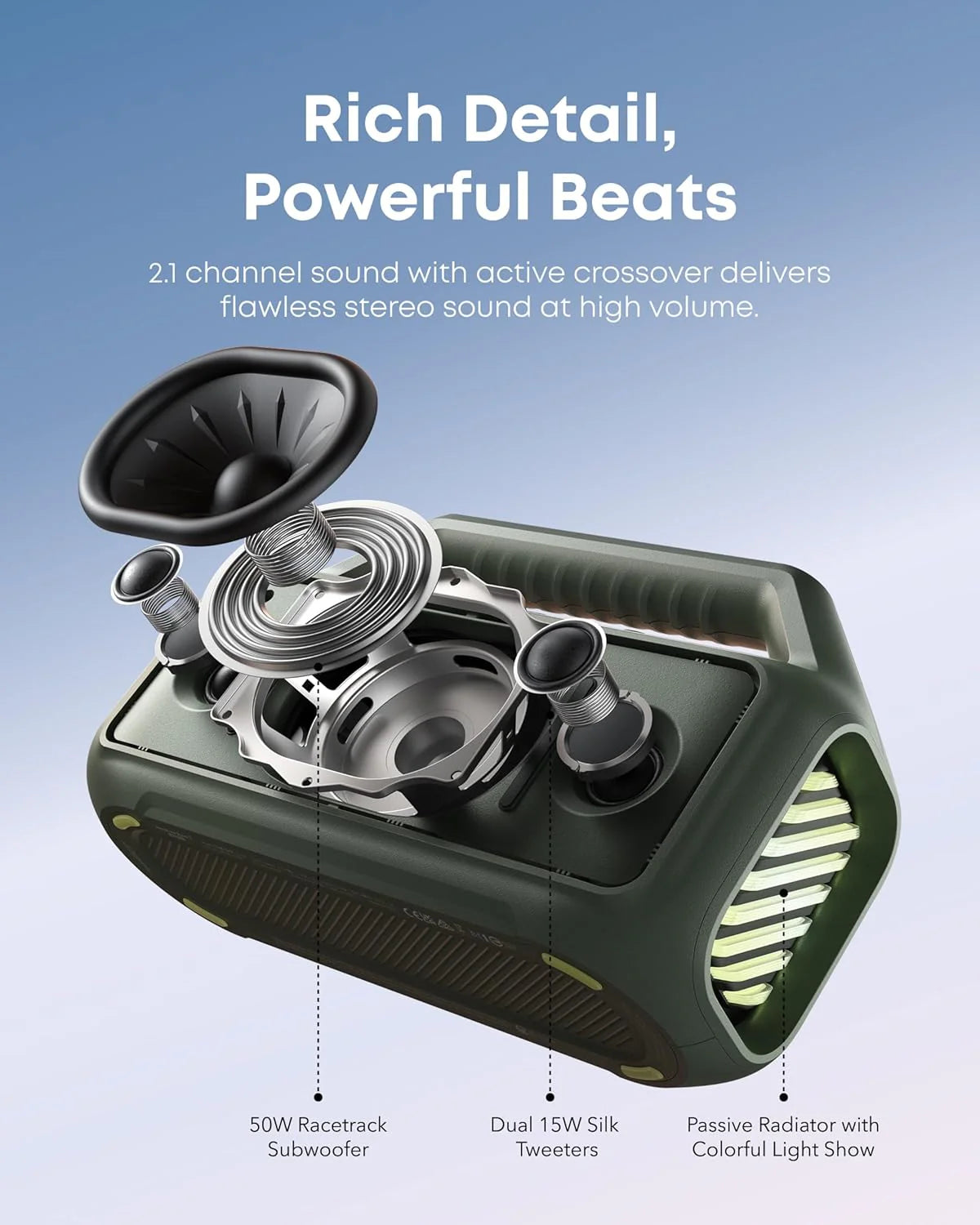 Outdoor Speaker, 80W, Subwoofer, BassUp 2.0, 24H Playtime, IPX7 Waterproof, Floatable, RGB Lights, USB-C, Custom EQ, Bluetooth 5.3, Portable for Camping, Beach, and Backyard