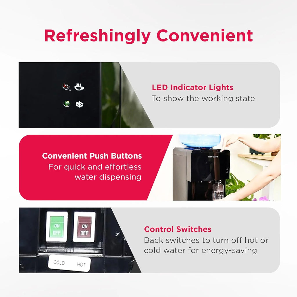 Frigidaire EFWC498 - Top Loading Cooler Dispenser -Hot & Cold Water - Child Safety Lock - Innovative Slim & Sleek Design, Holds 3 or 5 Gallon Bottles - Black