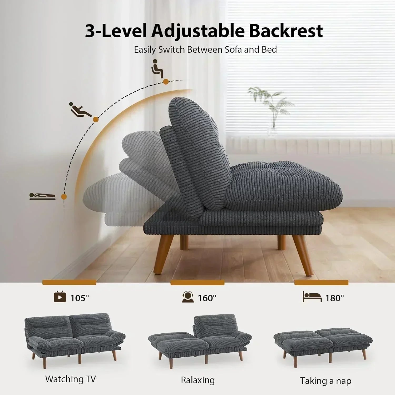 Convertible Futon Sofa Bed 66 Inch Corduroy Futon Sofa Recliner Sofa Bed for Small Spaces