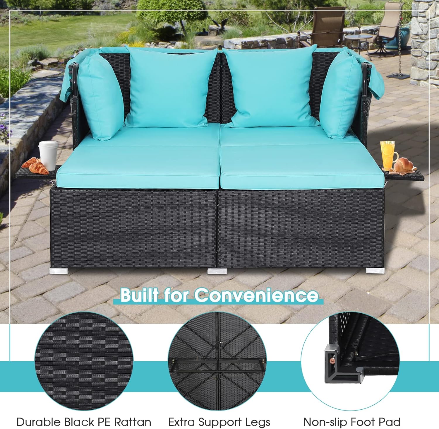 RELAX4LIFE Patio Outdoor Daybed with Canopy Wicker Sunbed Cushions 4 Pillows