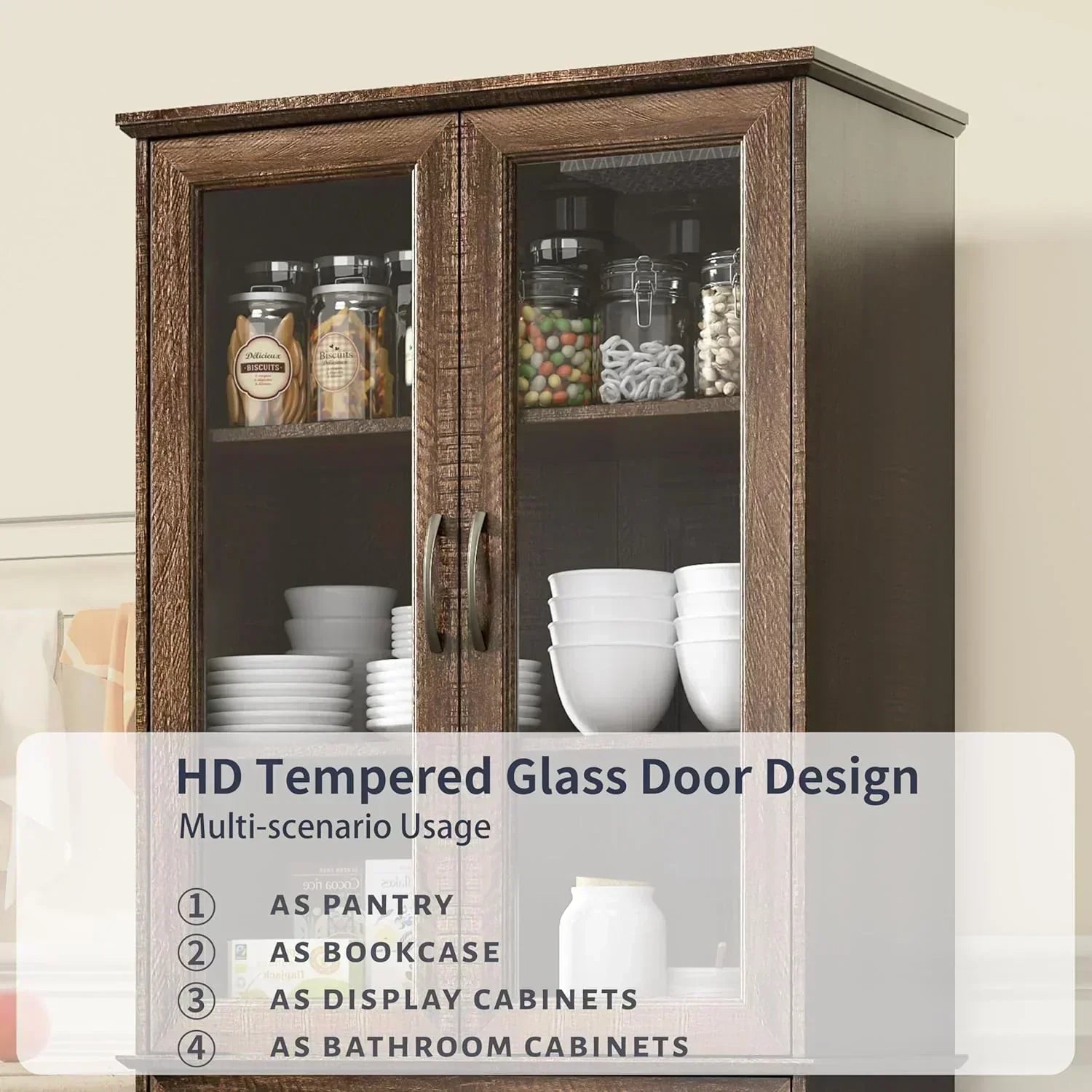 Kitchen Hutch Pantry Cabinet 71 Tall with Glass Doors