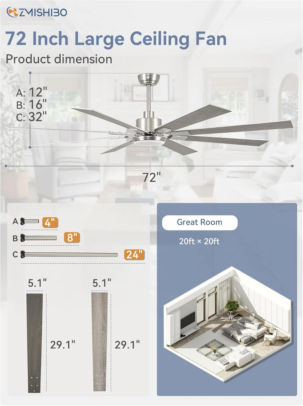 ZMISHIBO 72 inch Large Ceiling Fans with Lights and Remote, Indoor/Outdoor Black Modern Ceiling Fan for Kitchen Living Room Patio, 6 Speed Reversible Quiet DC Motor, 3 CCT, Dual Finish 8 Blades