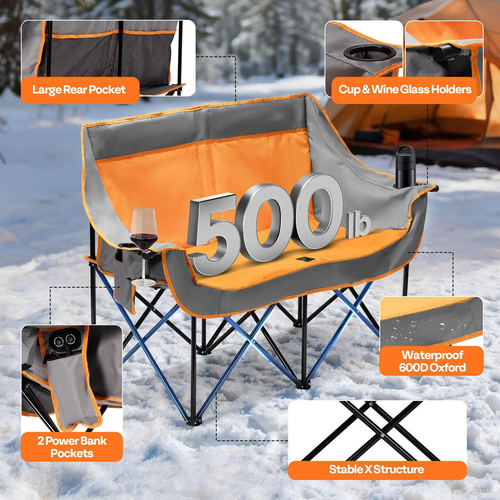 Heated Double Camping Chair Folding Padded Loveseat with Power Banks and Cup Holders
