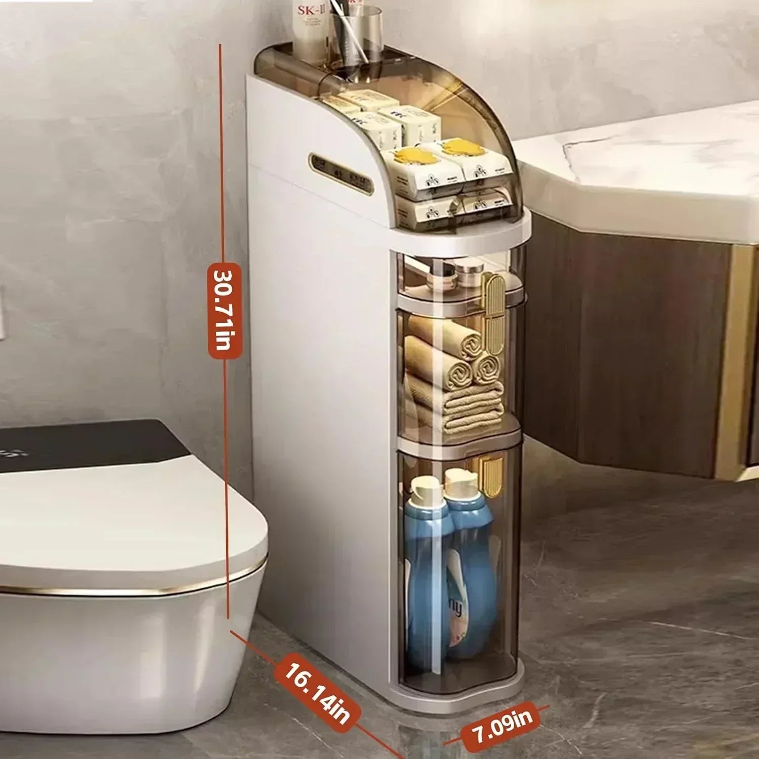 4-Tiers Narrow Bathroom Storage Cabinet 7.1 Slim Bathroom Floor Organizer with Drawers