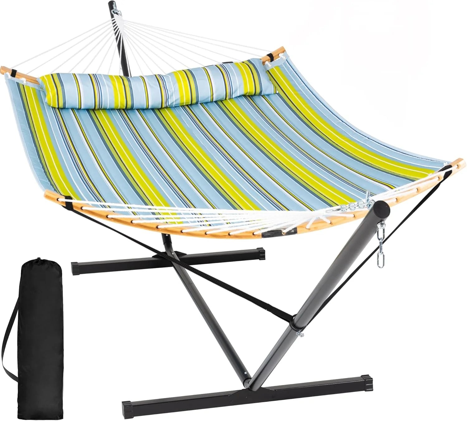 SUNCREAT Double Portable Hammock with Stand 2 Person Hammock with Curved Spreader Bar