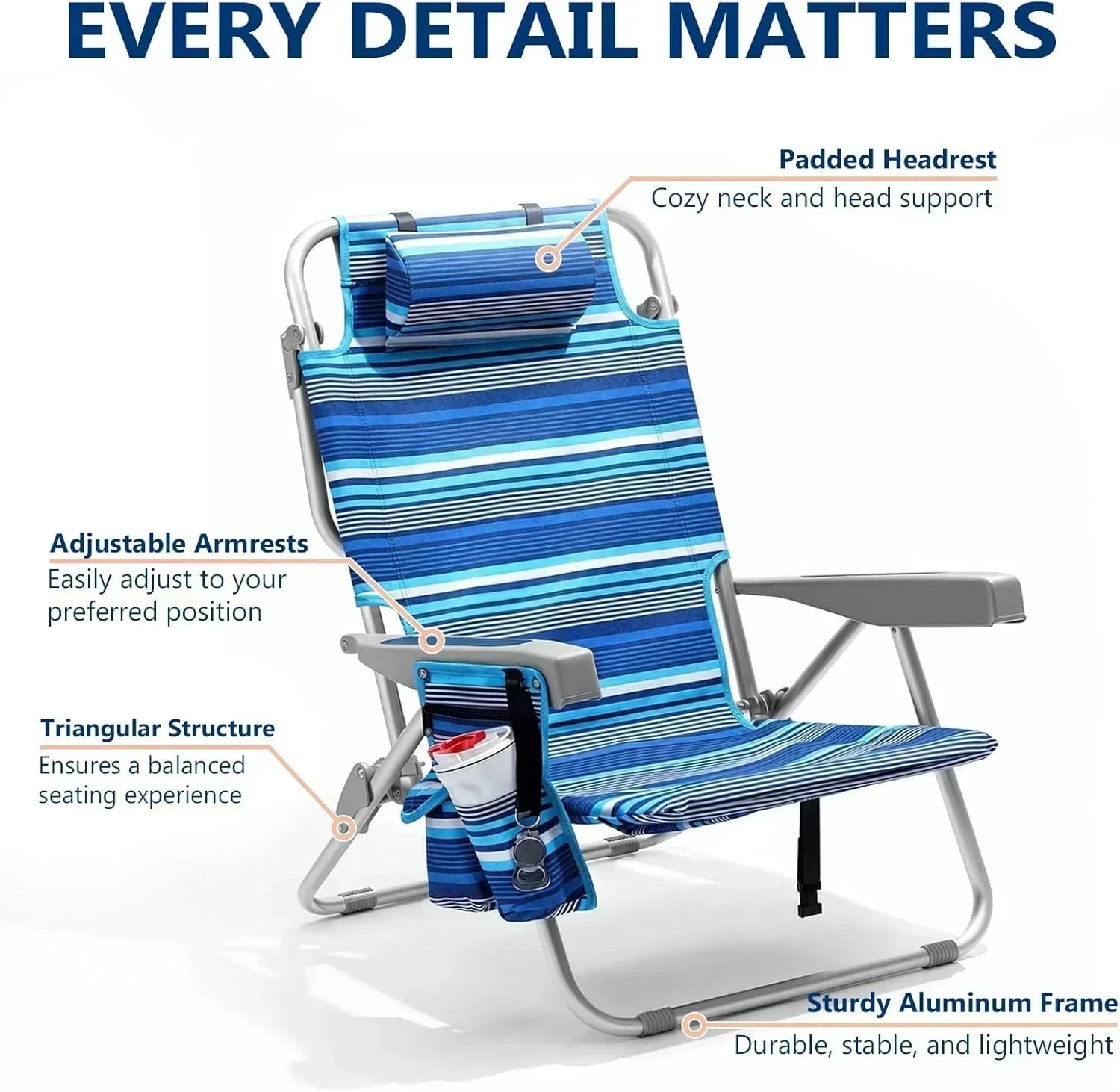 5-Position Aluminum Lay Flat Tall Backpack Beach Chairs 2 Pack Compact Portable Beach Chairs