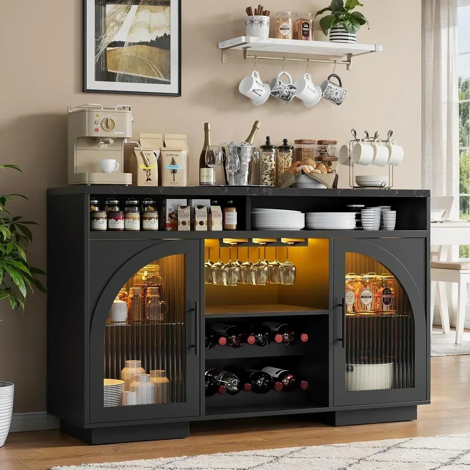 Sideboard 54-inch kitchen cabinet with LED lights and arched glass doors tall bar cabinet